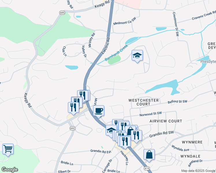 map of restaurants, bars, coffee shops, grocery stores, and more near 5013 Keithwood Drive Southwest in Roanoke
