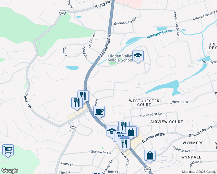 map of restaurants, bars, coffee shops, grocery stores, and more near 5008 Keithwood Dr SW in Roanoke
