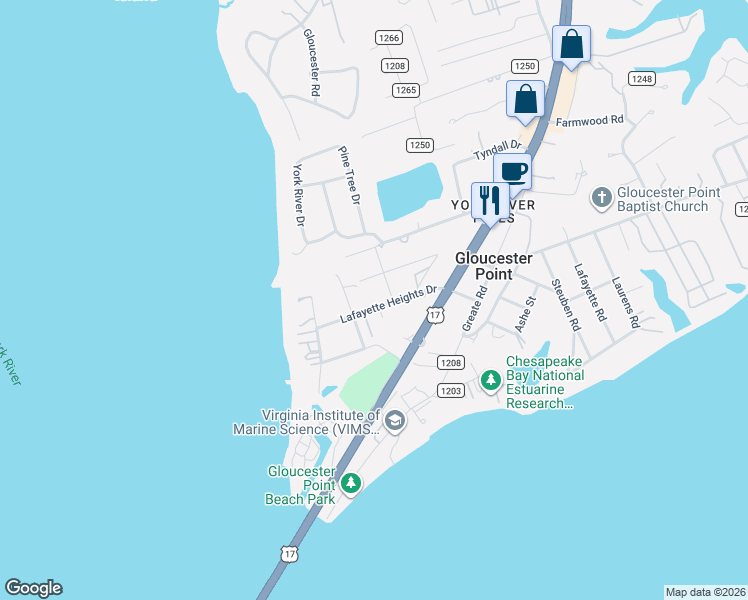 map of restaurants, bars, coffee shops, grocery stores, and more near 7452 Lafayette Heights Drive in Gloucester Point