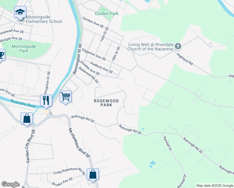 map of restaurants, bars, coffee shops, grocery stores, and more near 1985 Redwood Road Southeast in Roanoke
