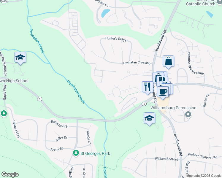 map of restaurants, bars, coffee shops, grocery stores, and more near 3228 Pristine View in Williamsburg
