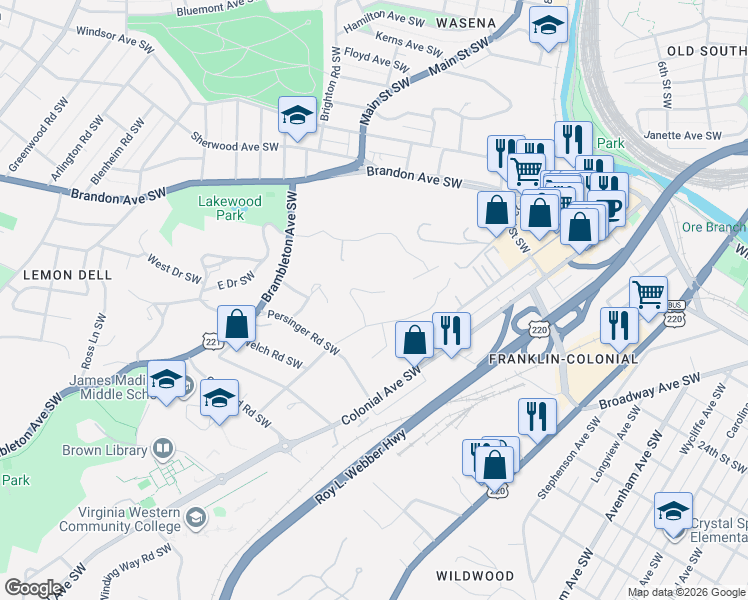 map of restaurants, bars, coffee shops, grocery stores, and more near 2737 Bluefield Boulevard Southwest in Roanoke