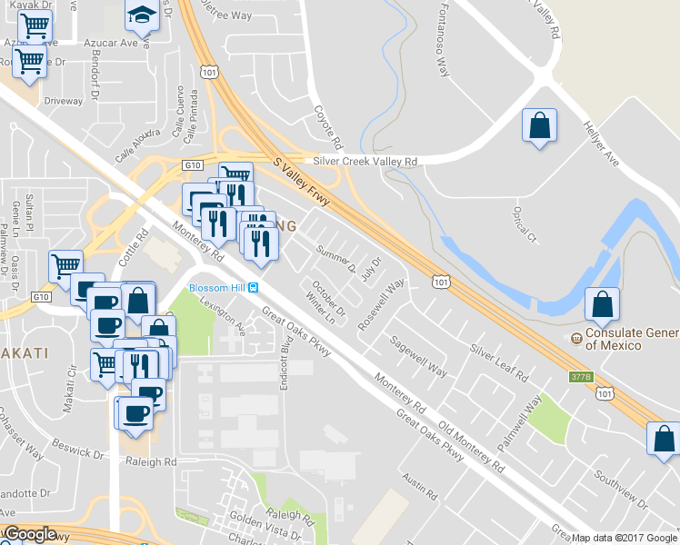 map of restaurants, bars, coffee shops, grocery stores, and more near 234 September Drive in San Jose