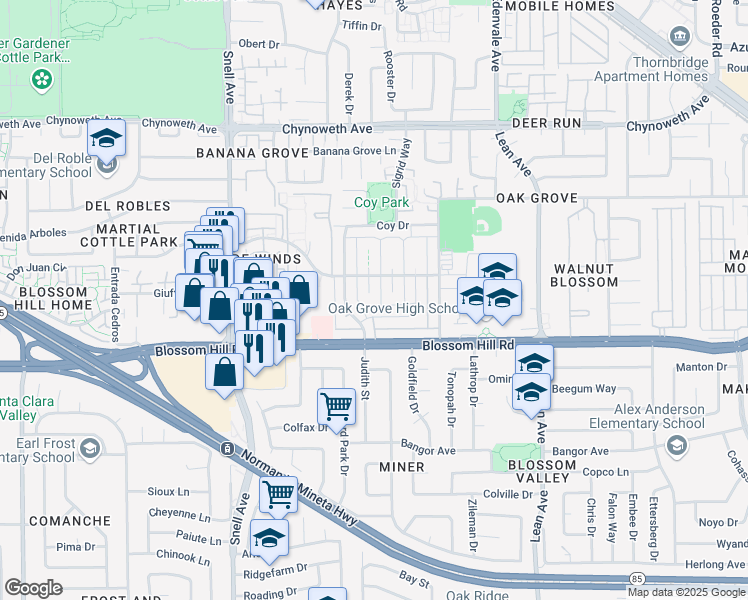 map of restaurants, bars, coffee shops, grocery stores, and more near 5565 Spinnaker Drive in San Jose