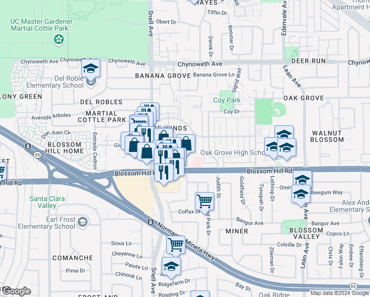 map of restaurants, bars, coffee shops, grocery stores, and more near 5493 Sean Circle in San Jose