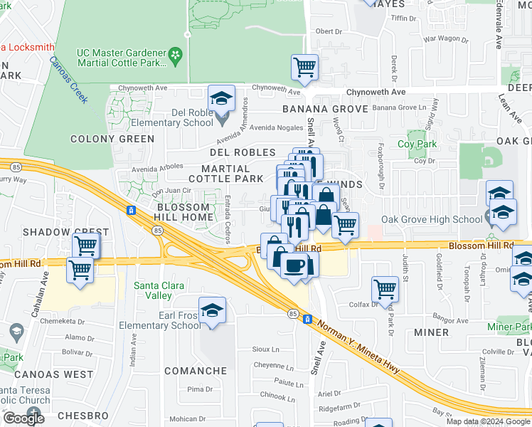 map of restaurants, bars, coffee shops, grocery stores, and more near 463 Blossom Hill Road in San Jose