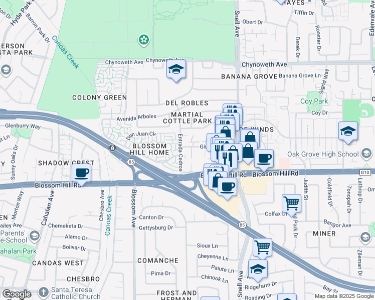 map of restaurants, bars, coffee shops, grocery stores, and more near 479 Blossom Hill Road in San Jose