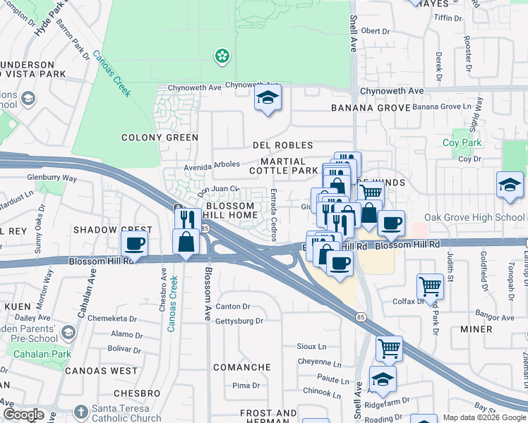 map of restaurants, bars, coffee shops, grocery stores, and more near 5555 Entrada Cedros in San Jose