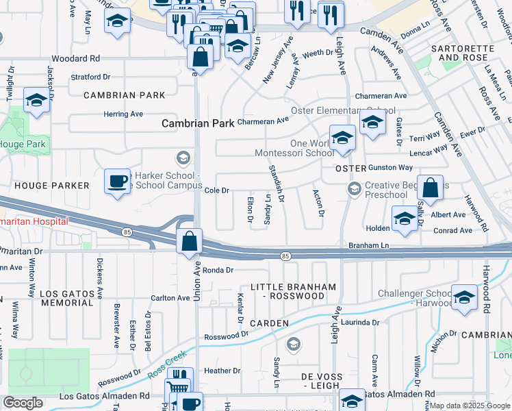 map of restaurants, bars, coffee shops, grocery stores, and more near 14878 Elton Drive in San Jose