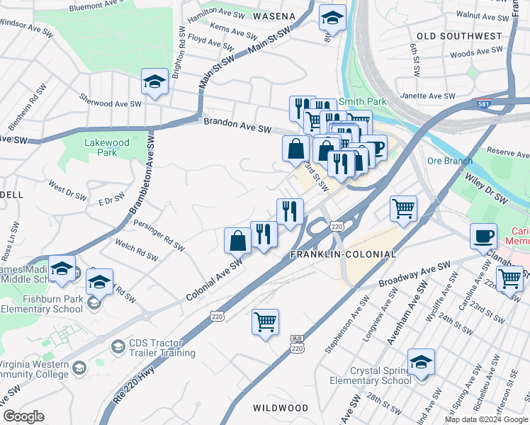 map of restaurants, bars, coffee shops, grocery stores, and more near 1022 26th Street Southwest in Roanoke