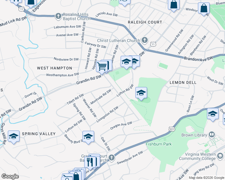 map of restaurants, bars, coffee shops, grocery stores, and more near 2422 Montvale Rd SW in Roanoke