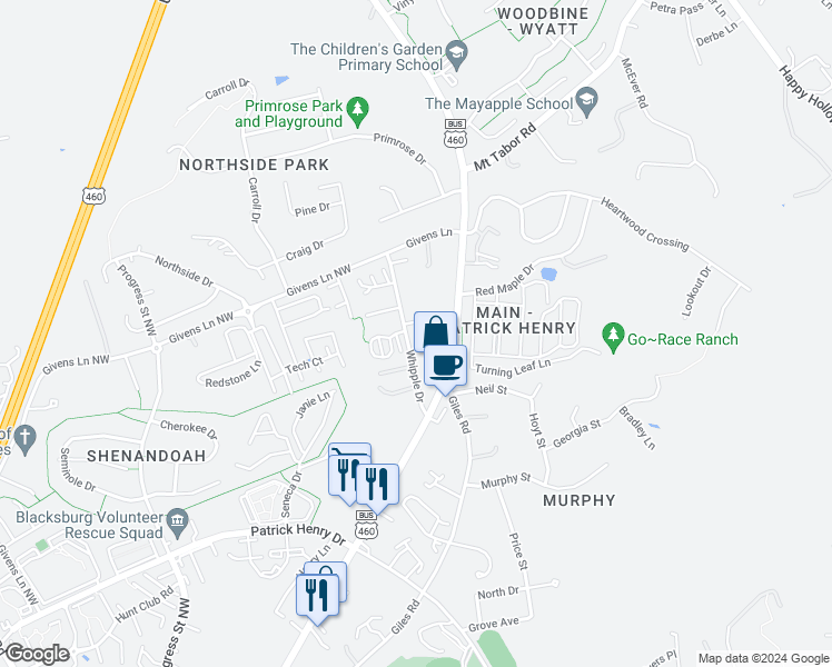 map of restaurants, bars, coffee shops, grocery stores, and more near 1610 Whipple Drive in Blacksburg