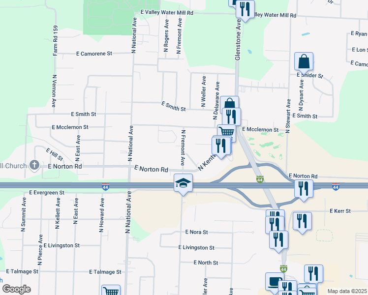 map of restaurants, bars, coffee shops, grocery stores, and more near 3043 North Fremont Avenue in Springfield