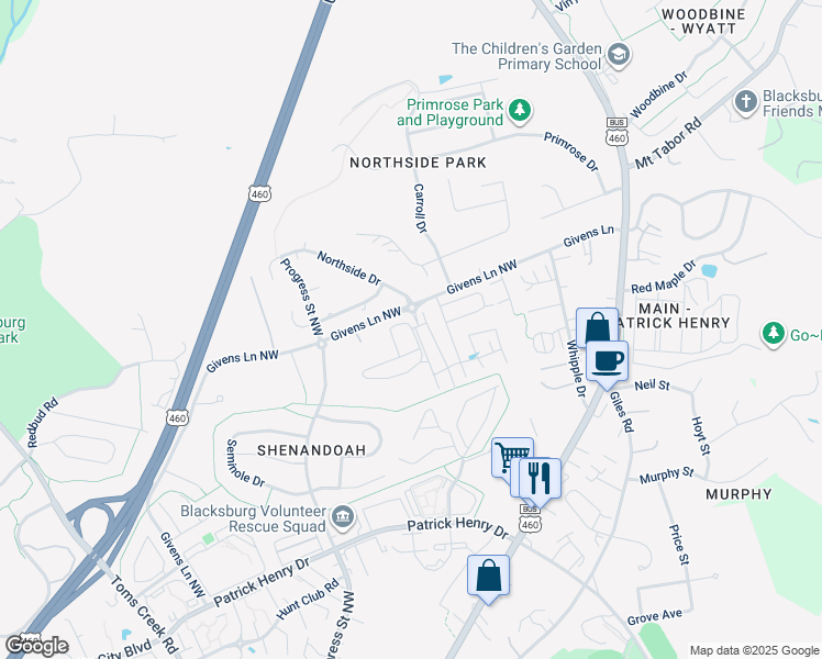 map of restaurants, bars, coffee shops, grocery stores, and more near 323 Fieldstone Lane in Blacksburg