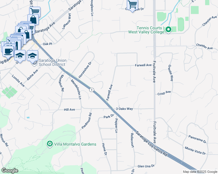 map of restaurants, bars, coffee shops, grocery stores, and more near 14835 Farwell Avenue in Saratoga