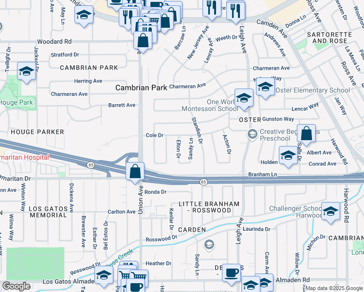 map of restaurants, bars, coffee shops, grocery stores, and more near 14878 Elton Drive in San Jose