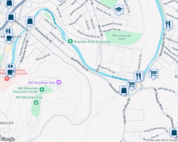 map of restaurants, bars, coffee shops, grocery stores, and more near Riverland Road in Roanoke