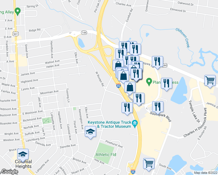 map of restaurants, bars, coffee shops, grocery stores, and more near 1103 Conduit Road in Colonial Heights