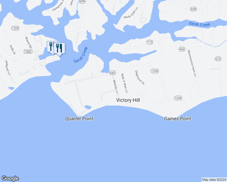 map of restaurants, bars, coffee shops, grocery stores, and more near 8298 Blue Crab Lane in Gloucester Point
