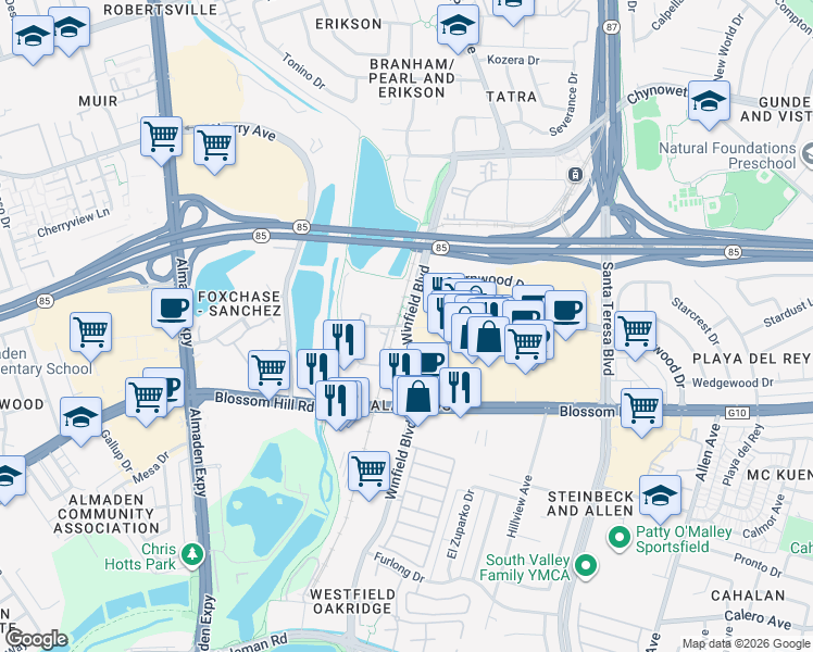 map of restaurants, bars, coffee shops, grocery stores, and more near 1000 Blossom River Way in San Jose