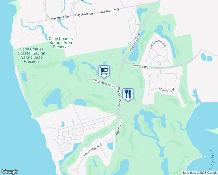 map of restaurants, bars, coffee shops, grocery stores, and more near 6 American Court in Cape Charles