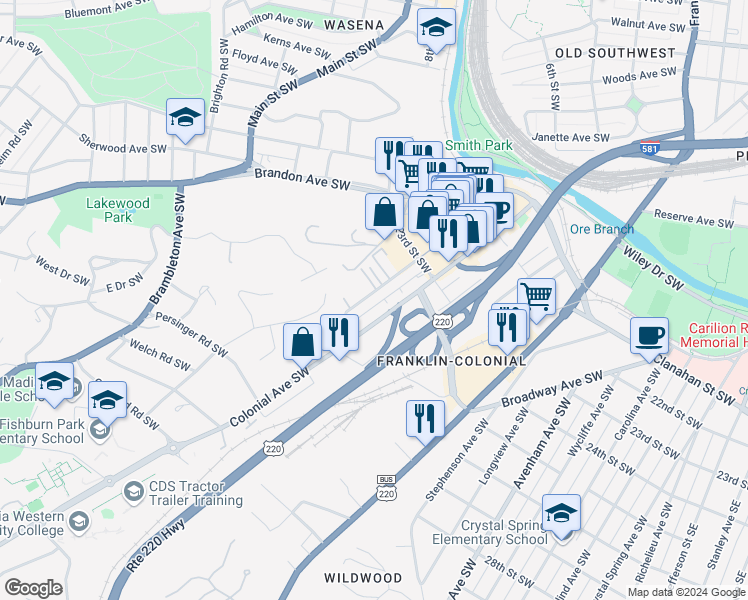 map of restaurants, bars, coffee shops, grocery stores, and more near 2511 Colonial Avenue Southwest in Roanoke