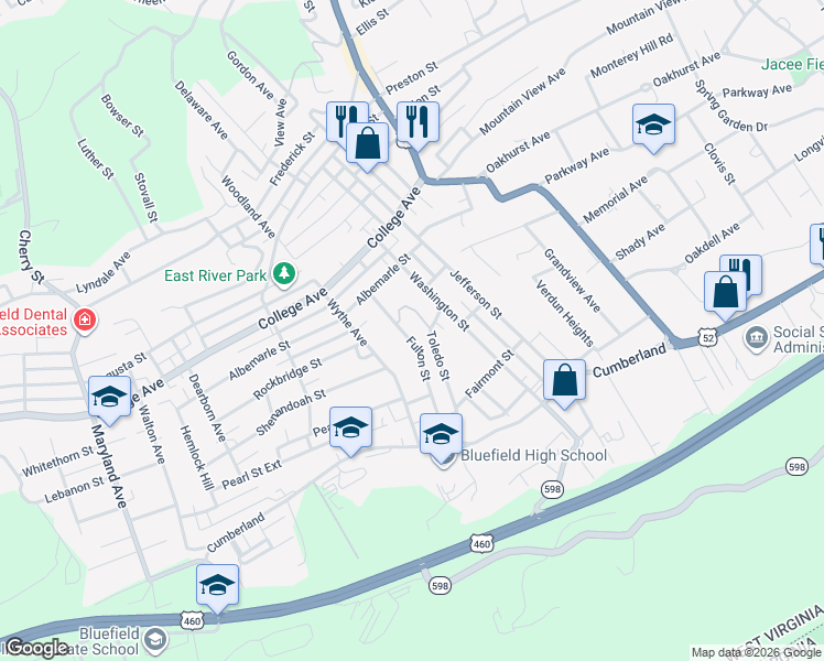 map of restaurants, bars, coffee shops, grocery stores, and more near 2132 Fulton St in Bluefield