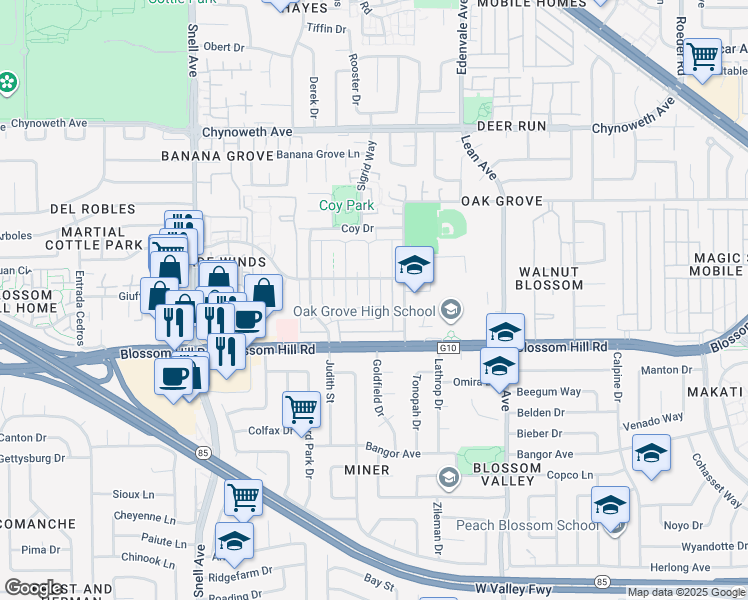 map of restaurants, bars, coffee shops, grocery stores, and more near 5532 Spinnaker Drive in San Jose