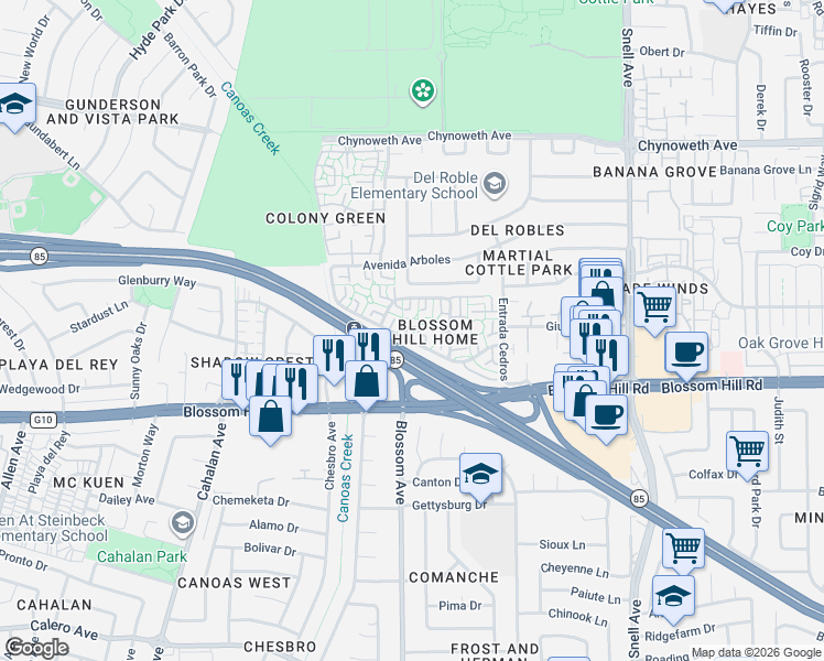 map of restaurants, bars, coffee shops, grocery stores, and more near 441 Velasco Drive in San Jose