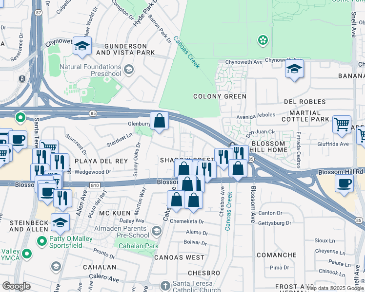map of restaurants, bars, coffee shops, grocery stores, and more near 554 Blairburry Way in San Jose