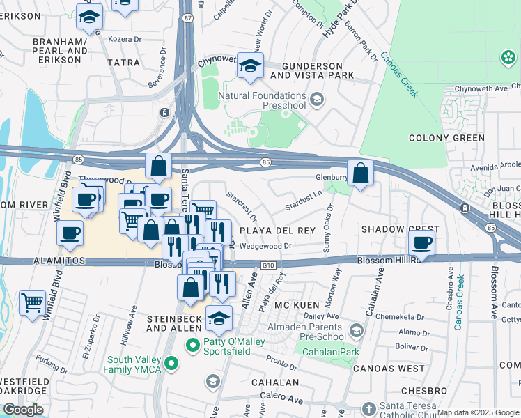 map of restaurants, bars, coffee shops, grocery stores, and more near 5549 Playa Del Rey in San Jose