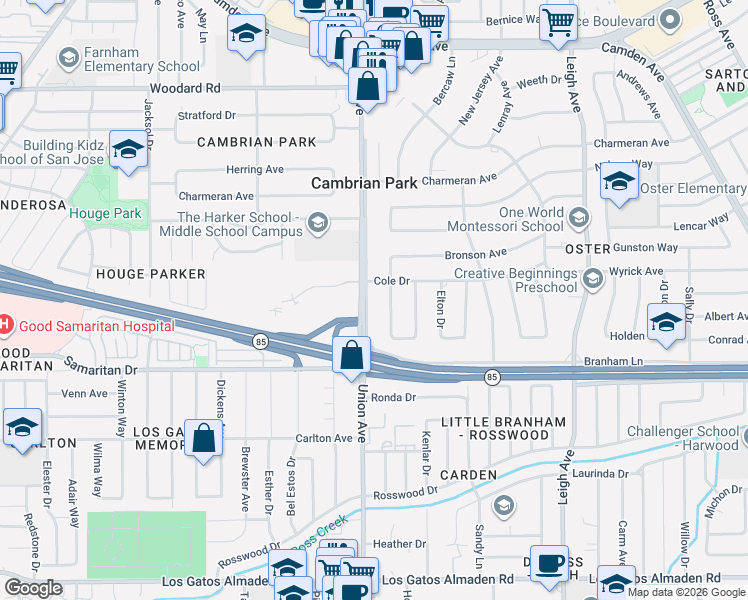map of restaurants, bars, coffee shops, grocery stores, and more near 14867 Conway Avenue in San Jose