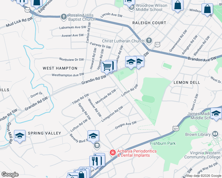 map of restaurants, bars, coffee shops, grocery stores, and more near 2422 Montvale Rd SW in Roanoke