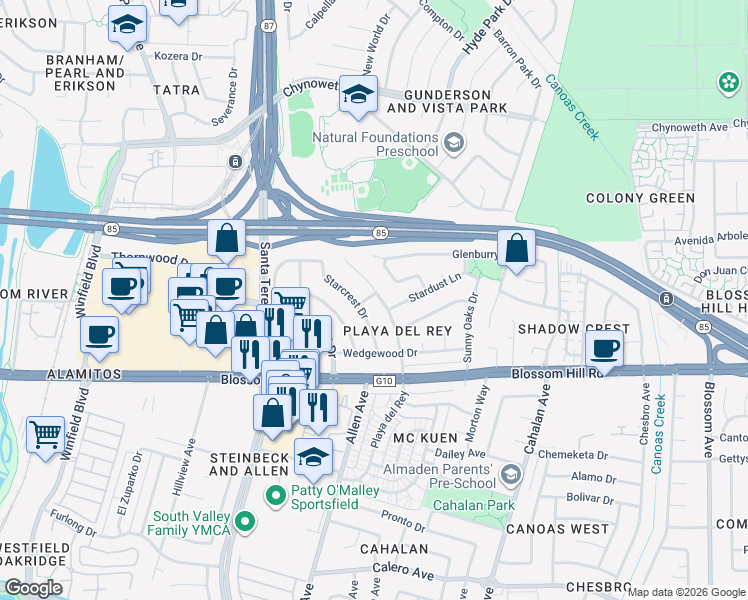 map of restaurants, bars, coffee shops, grocery stores, and more near 5549 Playa Del Rey in San Jose