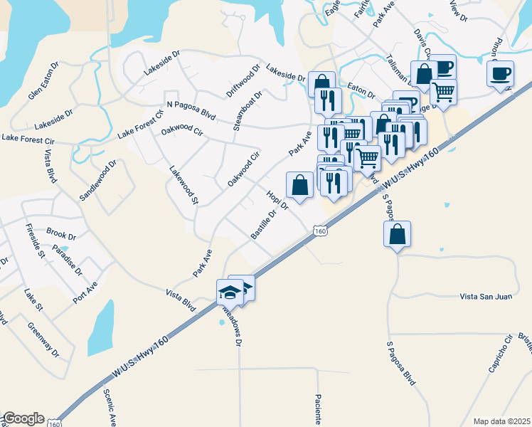 map of restaurants, bars, coffee shops, grocery stores, and more near 333 Bastille Drive in Pagosa Springs