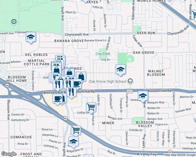map of restaurants, bars, coffee shops, grocery stores, and more near 266 Tradewinds Court in San Jose