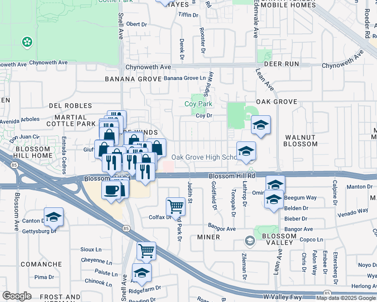 map of restaurants, bars, coffee shops, grocery stores, and more near 266 Tradewinds Court in San Jose