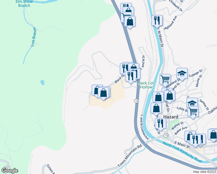 map of restaurants, bars, coffee shops, grocery stores, and more near Black Gold Boulevard in Hazard