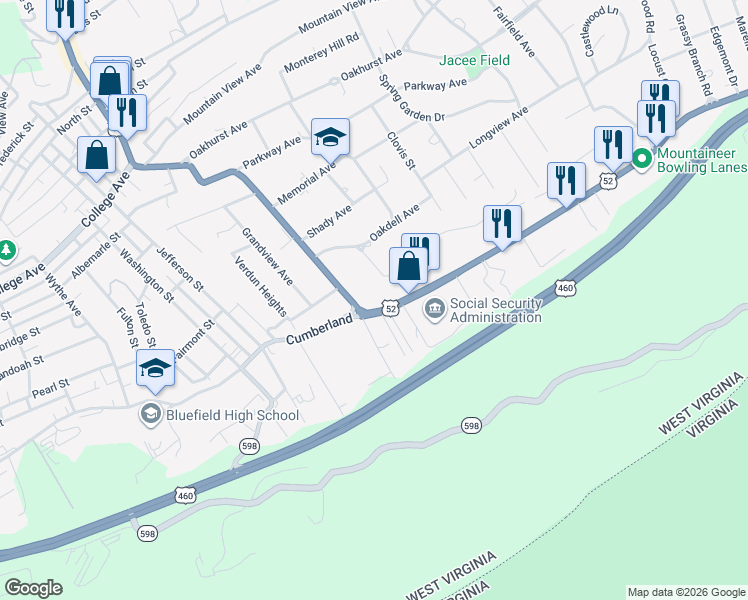 map of restaurants, bars, coffee shops, grocery stores, and more near E Cumberland Rd in Bluefield