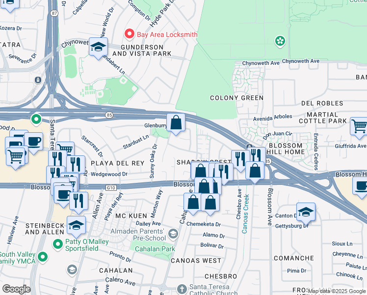 map of restaurants, bars, coffee shops, grocery stores, and more near 5516 Cooney Place in San Jose