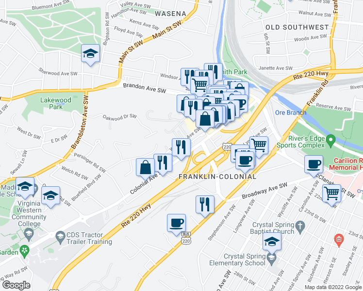 map of restaurants, bars, coffee shops, grocery stores, and more near 2511 Colonial Avenue Southwest in Roanoke