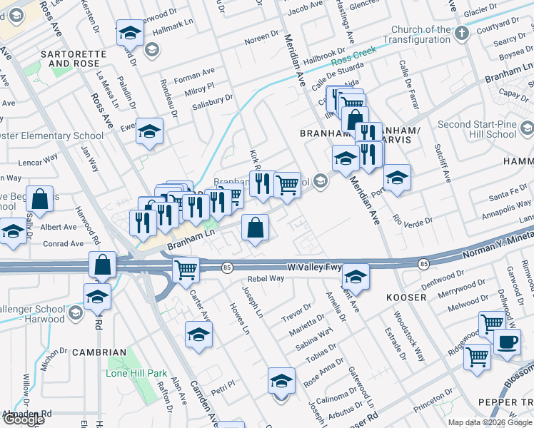 map of restaurants, bars, coffee shops, grocery stores, and more near 1659 Branham Lane in San Jose