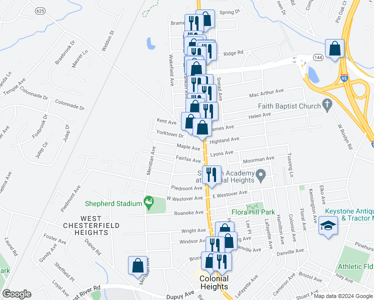 map of restaurants, bars, coffee shops, grocery stores, and more near 207 Maple Avenue in Colonial Heights