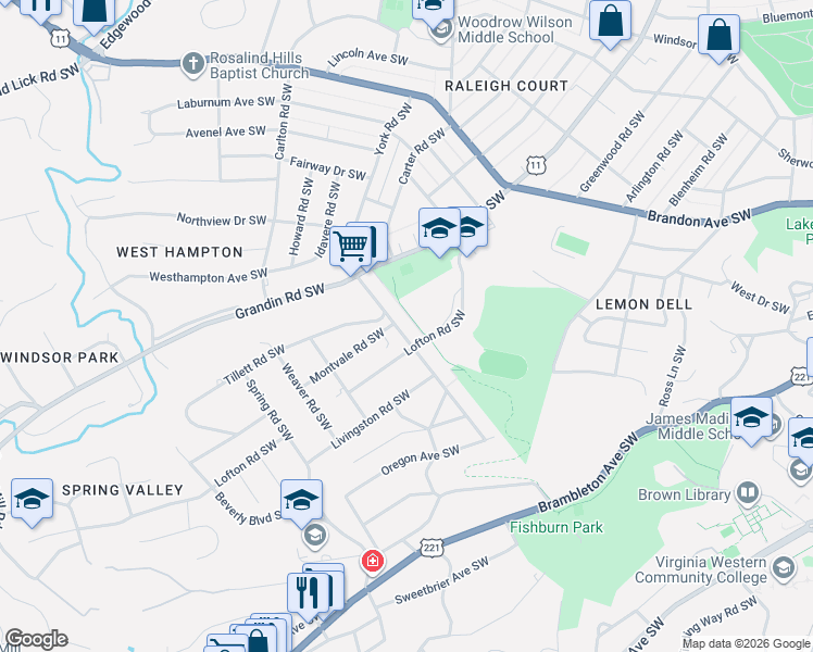 map of restaurants, bars, coffee shops, grocery stores, and more near 2624 Guilford Avenue Southwest in Roanoke