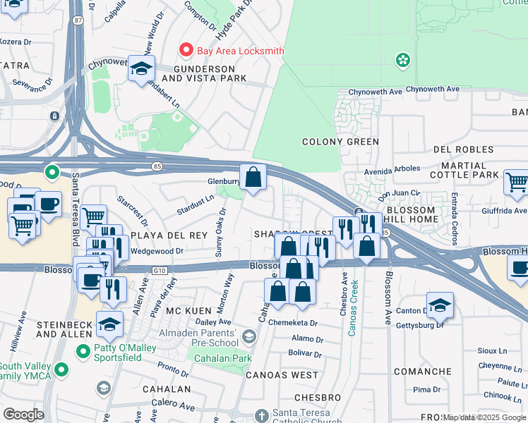 map of restaurants, bars, coffee shops, grocery stores, and more near 5516 Cooney Place in San Jose