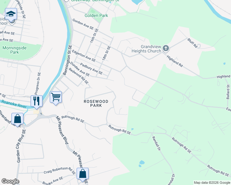 map of restaurants, bars, coffee shops, grocery stores, and more near 2020 Plateau Road Southeast in Roanoke