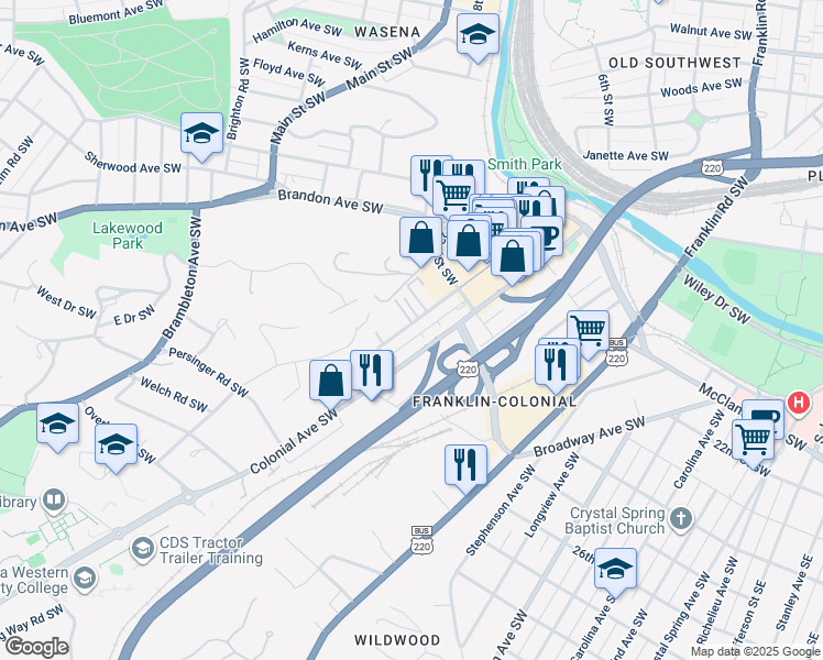map of restaurants, bars, coffee shops, grocery stores, and more near 2511 Colonial Avenue Southwest in Roanoke
