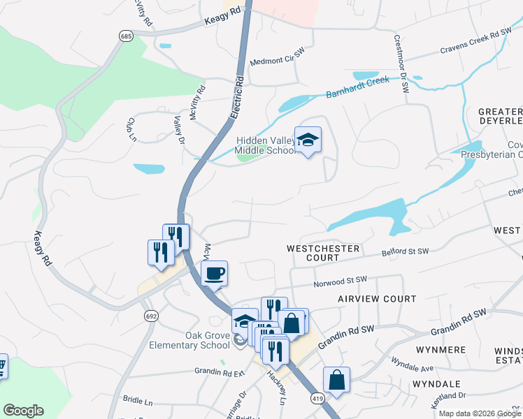 map of restaurants, bars, coffee shops, grocery stores, and more near 4937 Keithwood Dr SW in Roanoke