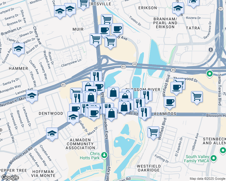 map of restaurants, bars, coffee shops, grocery stores, and more near 1089 Foxchase Drive in San Jose