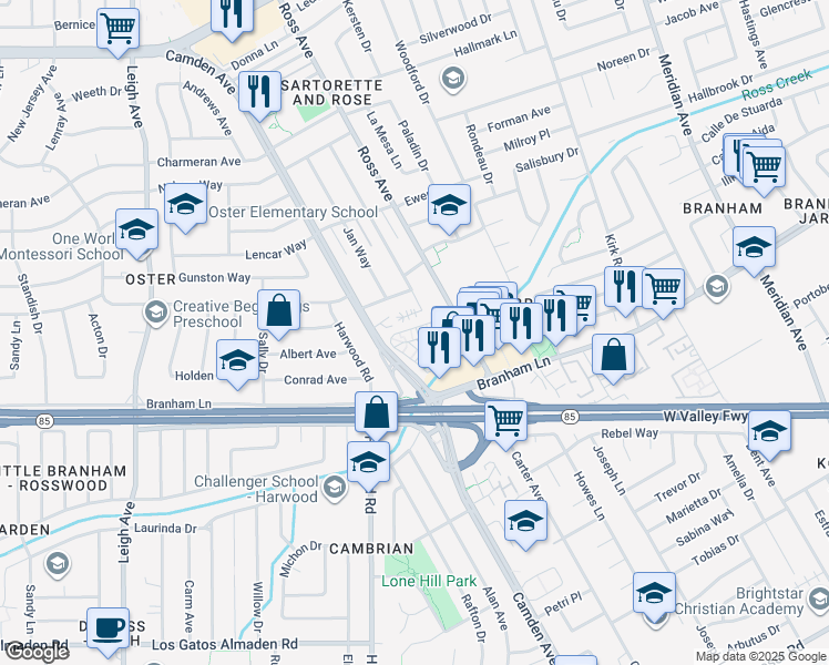 map of restaurants, bars, coffee shops, grocery stores, and more near 1721 Ross Circle in San Jose